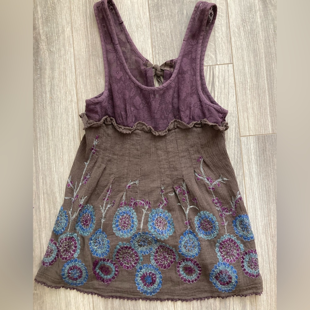 Free People Open Back Tank Top Brown Purple Floral Women’s Size 2 Tie Back Shirt